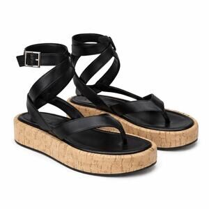 Schutz Tessie Black Leather Strappy Cork Platform Sandals 8.5 NWOT